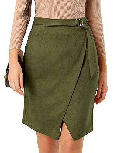 Allegra K Damen A-Linie Knielänge Front Slit Wrap Faux Wildleder Rock, Dunkelgrün, Mittel von Allegra K