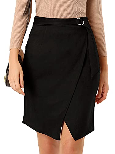 Allegra K Damen A-Linie Knielänge Front Slit Wrap Faux Wildleder Rock, Schwarz, Klein von Allegra K