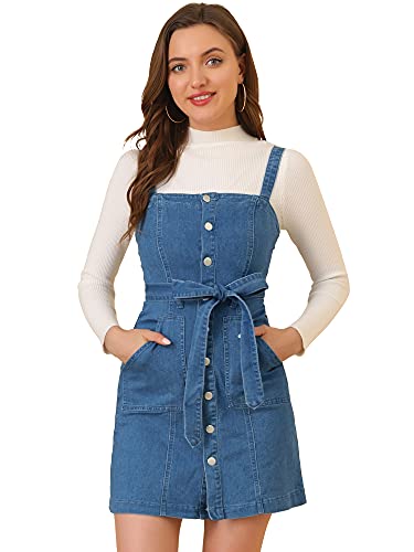 Allegra K Damen A Linie Knopfleiste Bindegürtel Jeans Latzkleid Kleid Blau 3XL von Allegra K