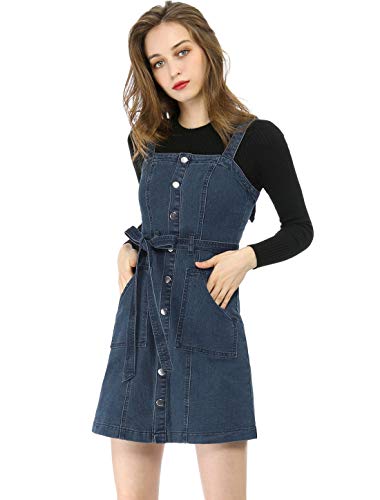 Allegra K Damen A Linie Knopfleiste Bindegürtel Jeans Latzkleid Kleid Dunkelblau S von Allegra K