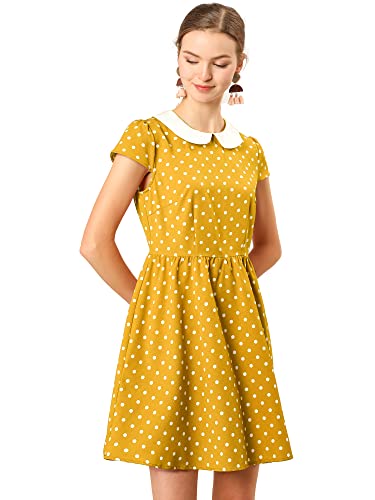 Allegra K Damen Kurzarm A-Linie Hohe Taille Bubikragen Vintage Polka Dots Minikleid Kleid Senf L von Allegra K