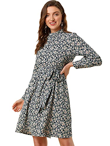 Allegra K Damen A Linie Langarm Bindegürtel Blumen Midikleid Kleid Navy Weiß M von Allegra K