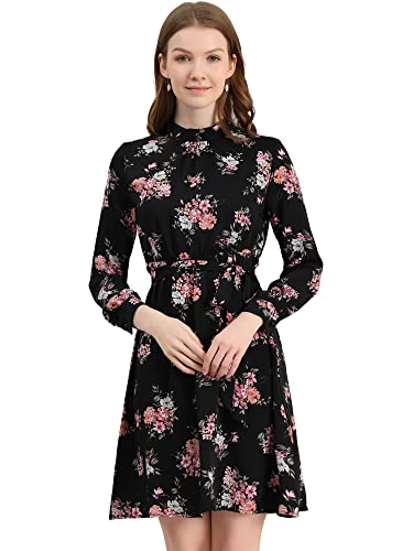 Allegra K Damen A Linie Langarm Bindegürtel Blumen Midikleid Kleid Schwarz M von Allegra K