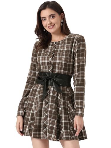 Allegra K Damen A Linie Langarm Bindegürtel Kariert Hemdkleid Kleid Braun L von Allegra K