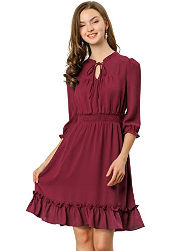 Allegra K Damen Kleid 3/4 Ärmel A-Line Rüschensaum Schleife Gesmoktes Chiffon Minikleid Burgund L von Allegra K