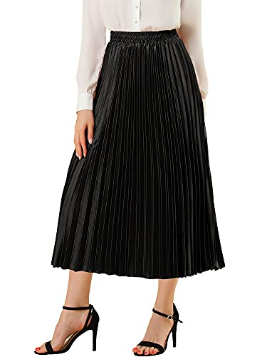 Allegra K Damen Maxi Faltenrock Hohe Taille Plisseerock A-Linie Elastisch Swing Eleganter Rock Schwarz S von Allegra K