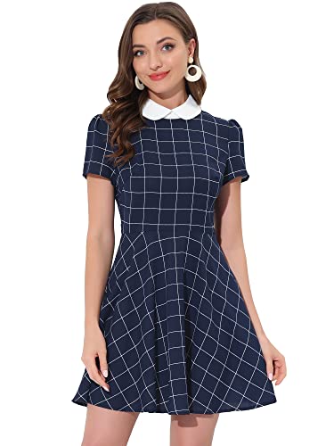 Allegra K Damen A-Linie Plaid Grid Kurzarm Panel Bubikragen Kariert Minikleid Kleid Blau Weiss M von Allegra K