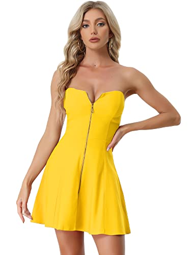 Allegra K Damen A-Linie Reißverschluss Schulterfrei Minikleid Party Kleid Gelb XL von Allegra K