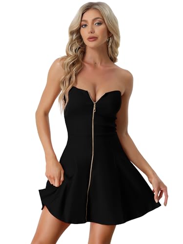 Allegra K Damen A-Linie Reißverschluss Schulterfrei Minikleid Party Kleid Schwarz M von Allegra K