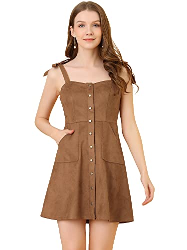 Allegra K Damen Latzkleid Ärmellos Elegant A-Linie Wildleder Knopfleiste Schleife Träger Minikleid Kleid Kaffee M von Allegra K