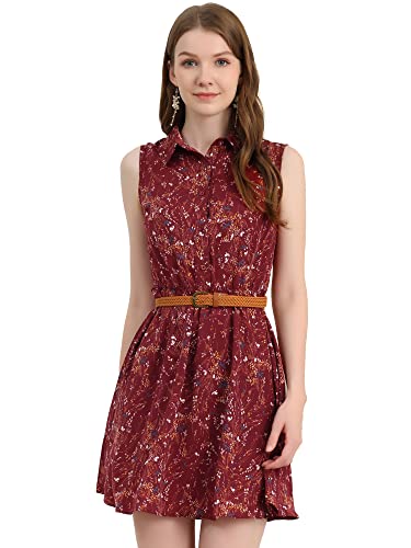 Allegra K Damen Ärmellos A-Linie Gürtel Blumen Shirtkleid Minikleid Kleid Dunkelrot L von Allegra K