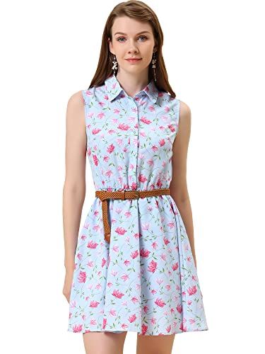 Allegra K Damen Ärmellos A-Linie Gürtel Blumen Shirtkleid Minikleid Kleid Hellblau Rosa M von Allegra K