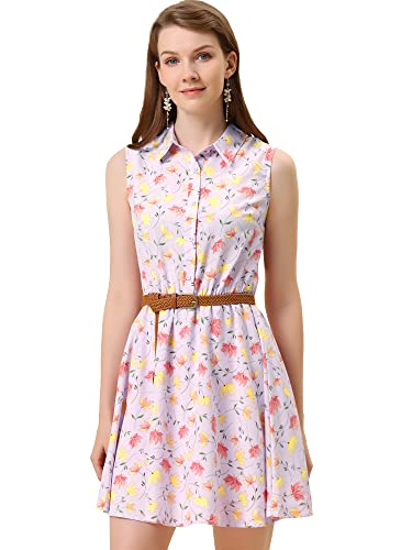 Allegra K Damen Ärmellos A-Linie Gürtel Blumen Shirtkleid Minikleid Kleid Helllila M von Allegra K