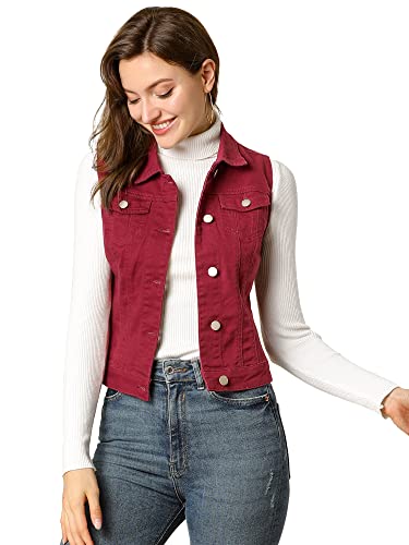 Allegra K Damen Jeansweste Ärmellos Knopfleiste Denim Revere Westen mit Taschen Burgund M von Allegra K