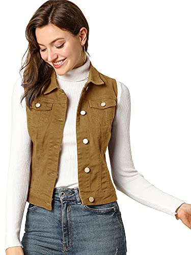 Allegra K Damen Jeansweste Ärmellos Knopfleiste Sommer Denim Revers Jacke Westen mit Taschen Khaki M von Allegra K