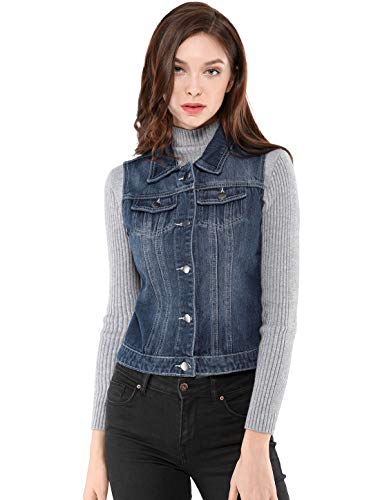 Allegra K Damen Jeansweste Ärmellos Knopfleiste Denim Revere Westen mit Taschen Blau M von Allegra K