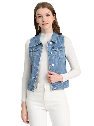 Allegra K Damen Jeansweste Ärmellos Knopfleiste Denim Revere Westen mit Taschen Hellblau-B XL von Allegra K