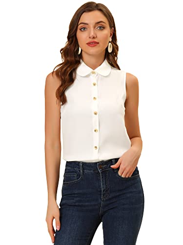 Allegra K Damen Ärmellos Doll Bubikragen Knopfleiste Casual Elegant Top Bluse Shirt Weiß S von Allegra K