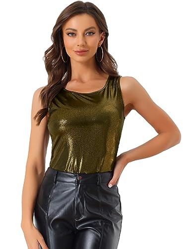 Allegra K Damen Metallic Top Glitzer Oberteile Top U Neck Party Tank Ärmellos Elegant Bluse Oberteil Schwarz Glänzend XL von Allegra K