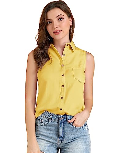 Allegra K Damen Ärmellos Hemdkragen Button Down Sommer Shirt Top Bluse Gelb XS von Allegra K