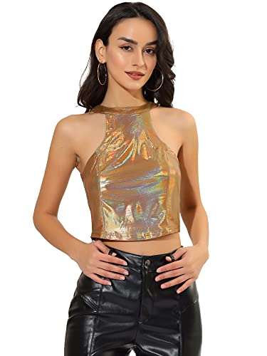 Allegra K Damen Ärmellos Holographic Neckholder Tanktop Sparkle Party Crop Top Gold XL von Allegra K