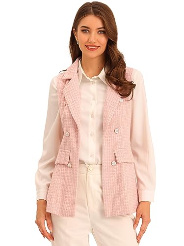 Allegra K Damen Ärmellos Kariert Tweed Revers Vorne Offen Blazer Weste Rosa L von Allegra K