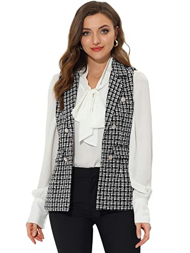 Allegra K Damen Ärmellos Kariert Tweed Revers Vorne Offen Blazer Weste Schwarz XL von Allegra K