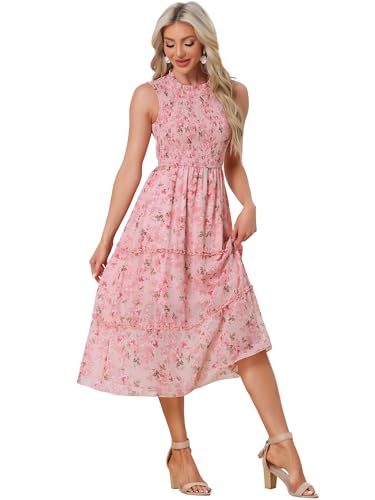 Allegra K Damen Ärmellos Kleid Geblümt Rüschen Rundhals Chiffon Hohe Taille Gesmokte A-Line Kleider Rosa XL von Allegra K