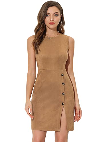 Allegra K Damen Ärmellos Knopfdekor Seitenschlitz Bleistiftkleid Wildleder Etuikleid Minikleid Kleid Braun S von Allegra K