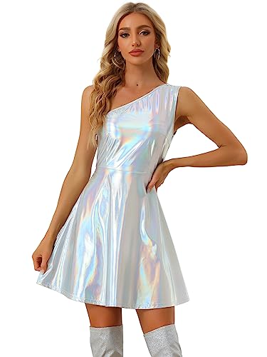 Allegra K Damen Ärmellos One Shoulder Metallic Partykleid Disco Holografisches Glitzer Kleid Silber L von Allegra K