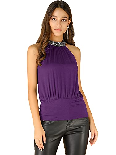 Allegra K Damen Neckholder Top Ärmellos Shirt Rüschen Party Bluse Festliches Pailletten Oberteil Lila L von Allegra K