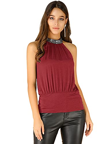 Allegra K Damen Neckholder Top Ärmellos Shirt Rüschen Party Bluse Festliches Pailletten Oberteil Rot L von Allegra K