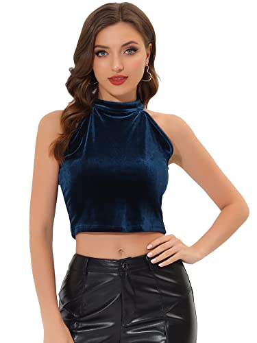 Allegra K Damen Party Oberteil Neckholder Ärmellos Samt Velours Basic Layering Crop Top Tiefes Blau XS von Allegra K