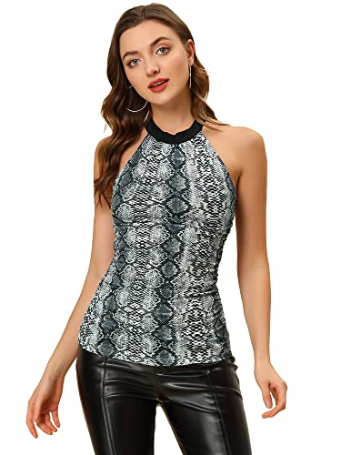 Allegra K Damen Ärmellos Neckholder Tierdruck Schlüsselloch Rücken Slim Fit Tank Top Bluse Weiße Schlange L von Allegra K