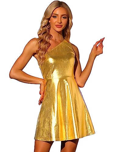 Allegra K Damen Ärmellos One Shoulder Metallic Partykleid Disco Holografisches Glitzer Kleid Gold S von Allegra K