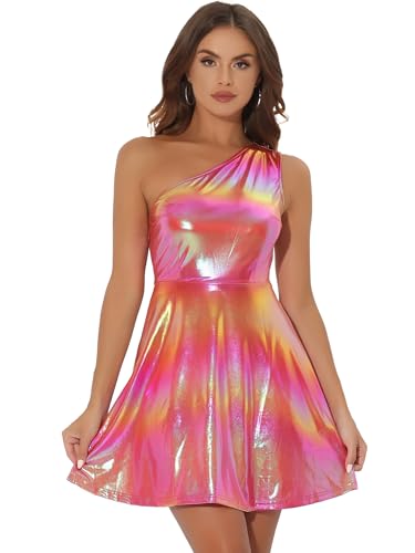 Allegra K Damen Ärmellos One Shoulder Metallic Partykleid Disco Holografisches Glitzer Kleid Rot Orange M von Allegra K