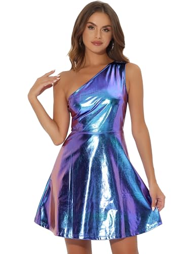 Allegra K Damen Ärmellos One Shoulder Metallic Partykleid Disco Holografisches Glitzer Kleid Schwarz Blau Lila L von Allegra K