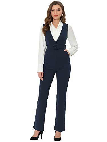 Allegra K Damen Ärmellos Overall V-Ausschnitt Gürtel Elegant Hosenträger Hose Dunkelblau XS von Allegra K