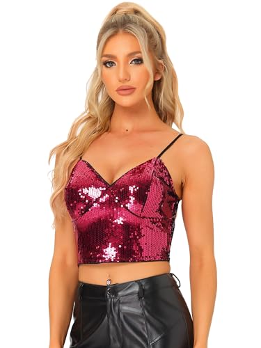 Allegra K Damen Ärmellos Pailletten Crop Top Spaghettiträger Club Party Tanktop Oberteil Schwarz Rot XS von Allegra K