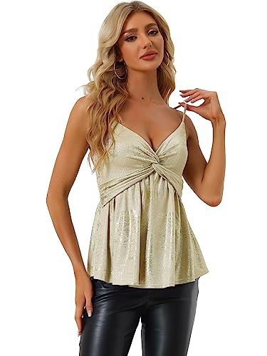 Allegra K Damen Halloween Kostüm Ärmellos Party Bluse Cami Top Schößchen Metallic Camisole Schößchen Crop Tops Gold M von Allegra K