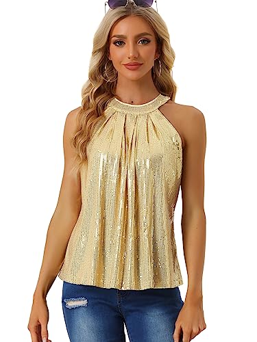 Allegra K Damen Ärmellos Party Club Glitzer Weste Camisole Pailletten Neckholder Tank Top Gold L von Allegra K