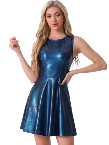Allegra K Damen Ärmellos Partykleid Glitzer Rundhals A-Linie Holografisch Metallic Kleid Dunkelblau M von Allegra K