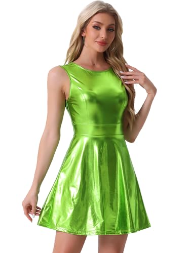 Allegra K Damen Ärmellos Partykleid Glitzer Rundhals A-Linie Holografisch Metallic Kleid Hell Grün L von Allegra K