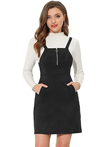 Allegra K Damen Ärmellos Quadratisch Ausschnitt Reißverschluss vorne Elegant Latzkleid Kleid Schwarz L von Allegra K