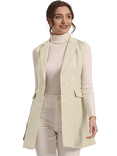 Allegra K Damen Ärmellos Revers Trench Zweireihiger Langer Blazer Weste Aprikose M von Allegra K