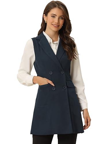 Allegra K Damen Ärmellos Revers Trench Zweireihiger Langer Blazer Weste Dunkel Blau M von Allegra K