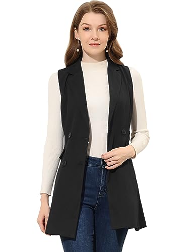 Allegra K Damen Ärmellos Revers Trench Zweireihiger Langer Blazer Weste Schwarz L von Allegra K