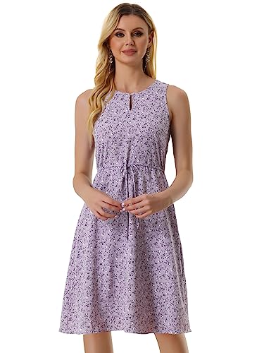 Allegra K Damen Ärmellos Rundhals Cut Out Bindegürtel Blumen Midikleid Sommer Kleid Violett L von Allegra K