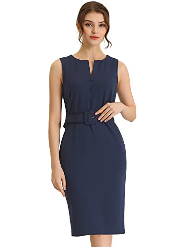 Allegra K Damen Ärmellos Rundhals Elegante Arbeitskleider Figurbetontes Gürtel Etuikleid Dunkleblau XS von Allegra K