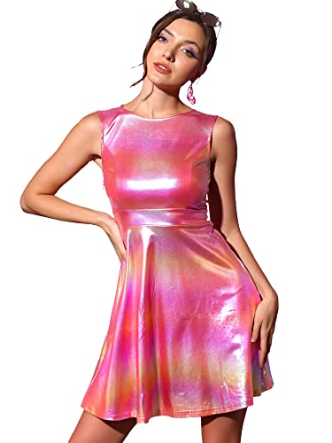 Allegra K Damen Ärmellos Partykleid Glitzer Rundhals A-Linie Holografisch Metallic Kleid Rosas L von Allegra K